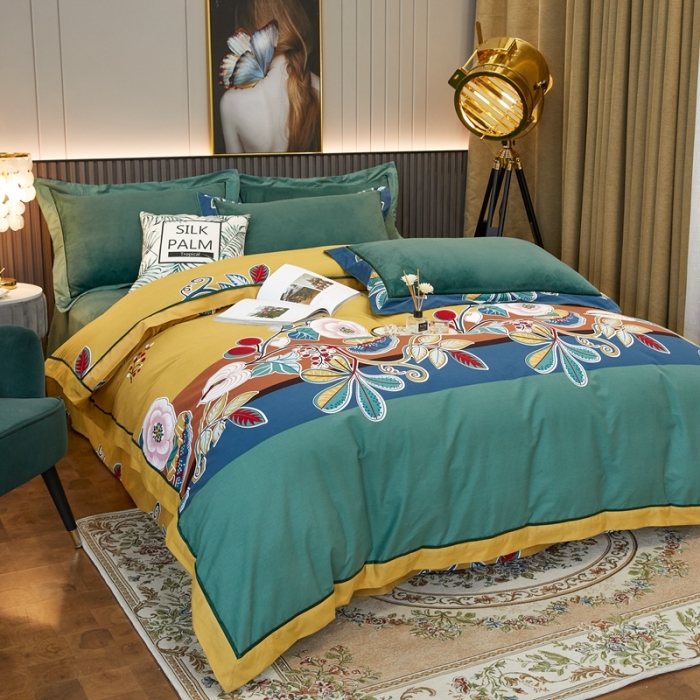 91家纺网 家纺一手货源 找家纺 杜先生2021新款230克牛奶绒拼角被边款四件套 迷迭香-黄