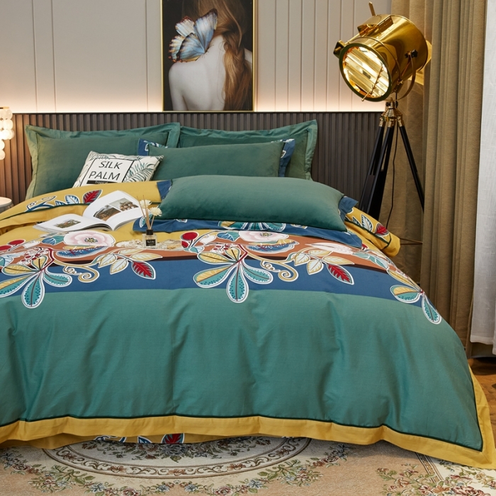 91家纺网 家纺一手货源 找家纺 杜先生2021新款230克牛奶绒拼角被边款四件套 迷迭香-黄