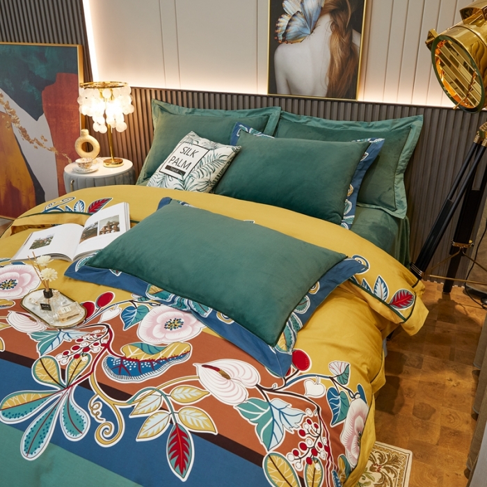 91家纺网 家纺一手货源 找家纺 杜先生2021新款230克牛奶绒拼角被边款四件套 迷迭香-黄