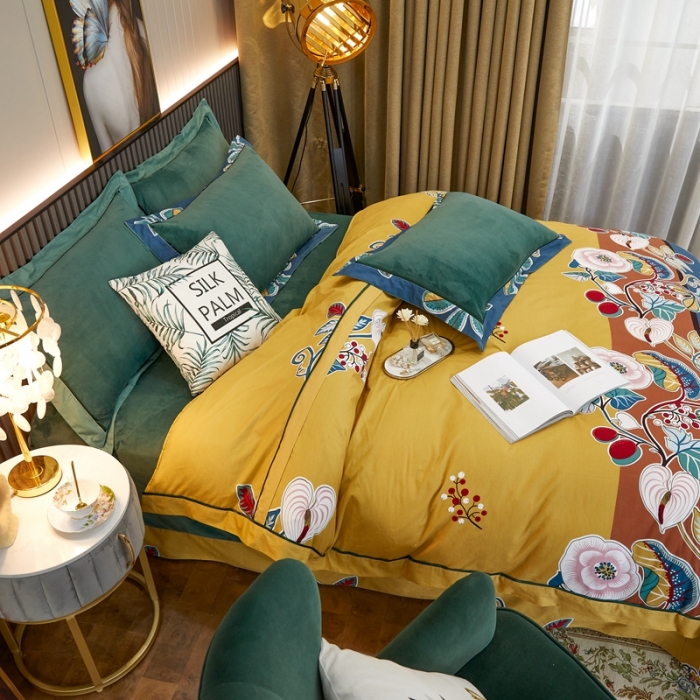 91家纺网 家纺一手货源 找家纺 杜先生2021新款230克牛奶绒拼角被边款四件套 迷迭香-黄