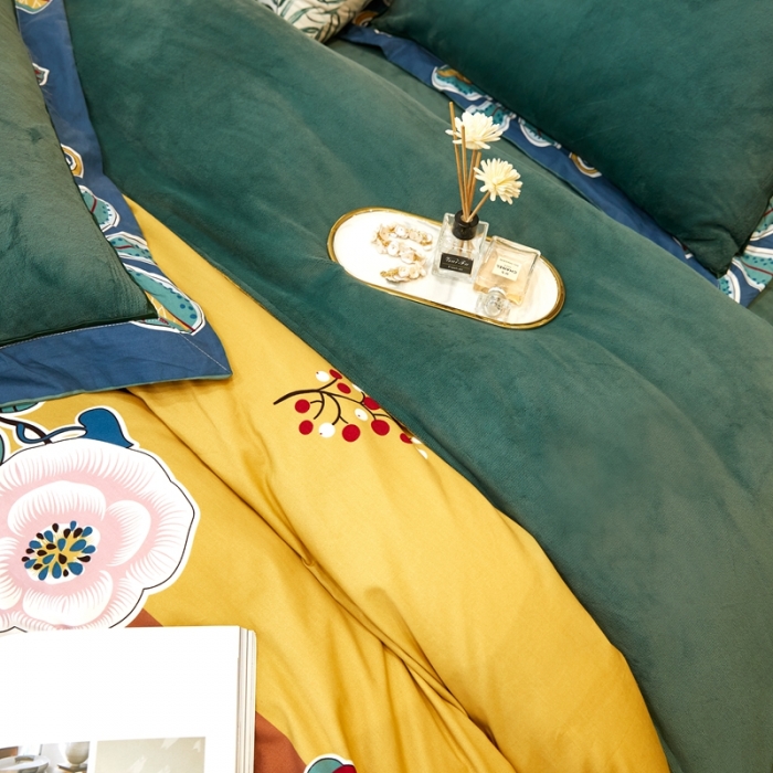 91家纺网 家纺一手货源 找家纺 杜先生2021新款230克牛奶绒拼角被边款四件套 迷迭香-黄
