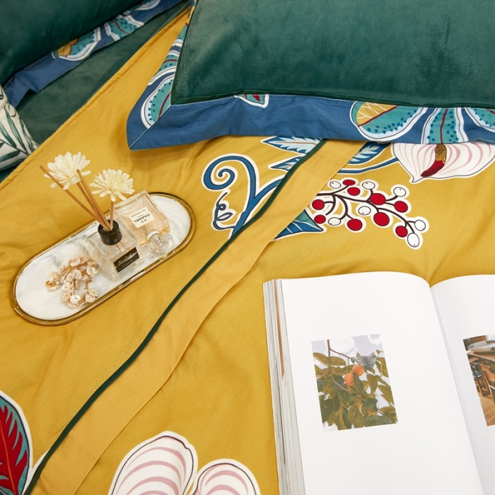 91家纺网 家纺一手货源 找家纺 杜先生2021新款230克牛奶绒拼角被边款四件套 迷迭香-黄