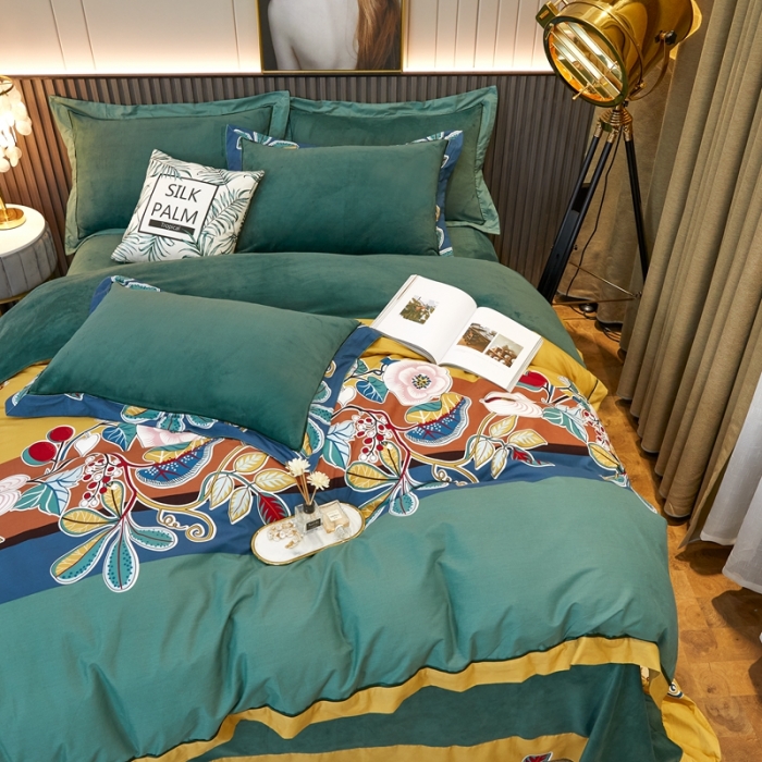 91家纺网 家纺一手货源 找家纺 杜先生2021新款230克牛奶绒拼角被边款四件套 迷迭香-黄