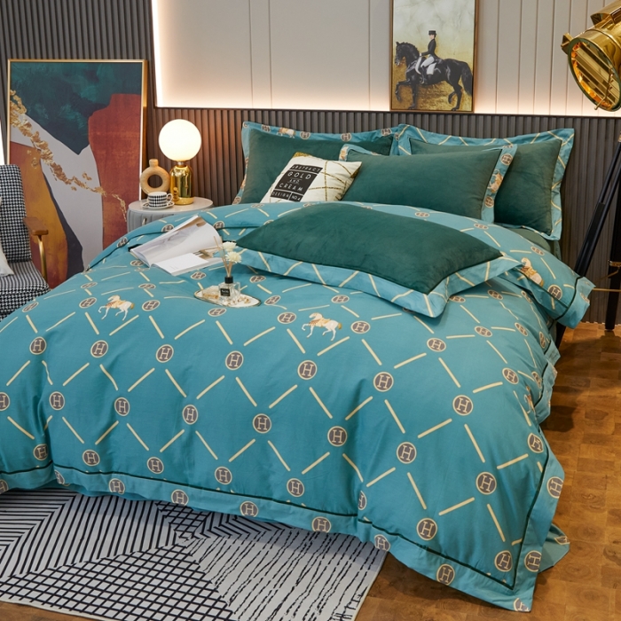 91家纺网 家纺一手货源 找家纺 杜先生2021新款230克牛奶绒拼角被边款四件套轻奢生活-绿