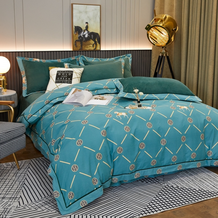 91家纺网 家纺一手货源 找家纺 杜先生2021新款230克牛奶绒拼角被边款四件套轻奢生活-绿