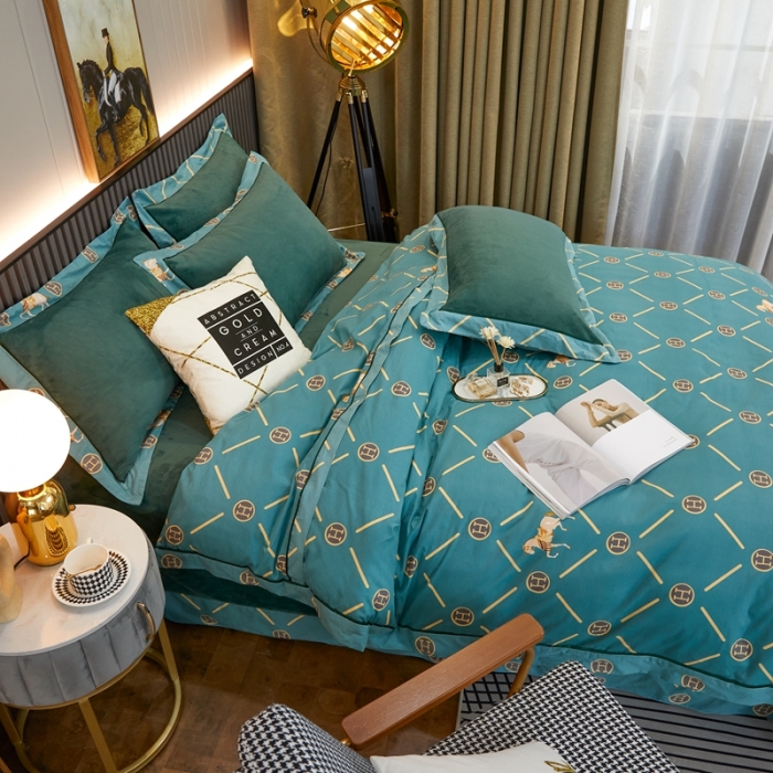91家纺网 家纺一手货源 找家纺 杜先生2021新款230克牛奶绒拼角被边款四件套轻奢生活-绿