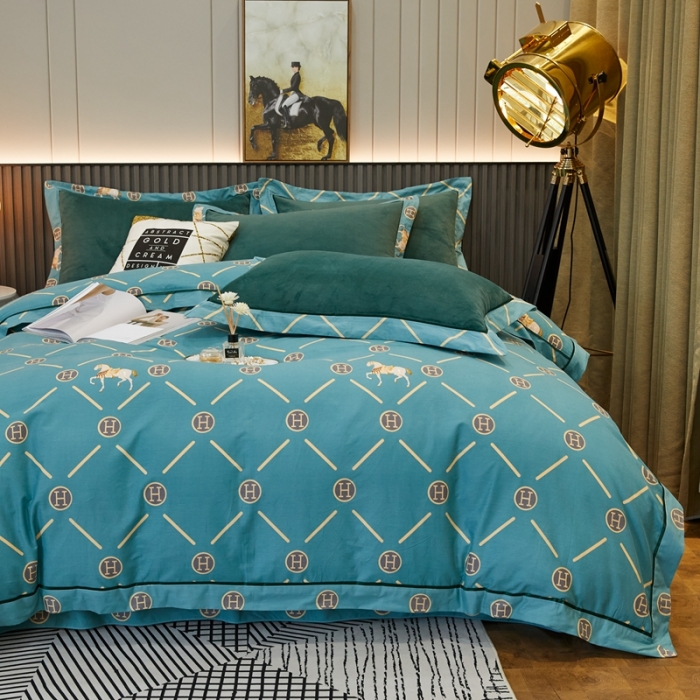 91家纺网 家纺一手货源 找家纺 杜先生2021新款230克牛奶绒拼角被边款四件套轻奢生活-绿