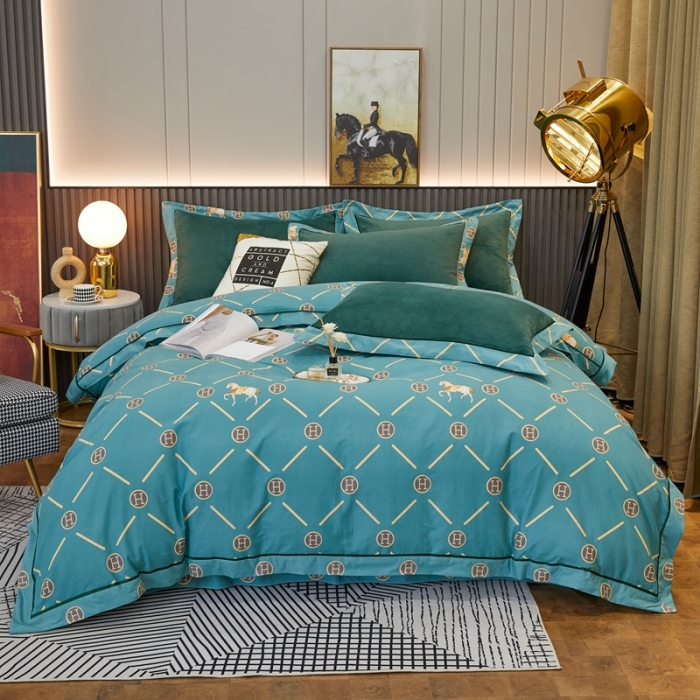 91家纺网 家纺一手货源 找家纺 杜先生2021新款230克牛奶绒拼角被边款四件套轻奢生活-绿