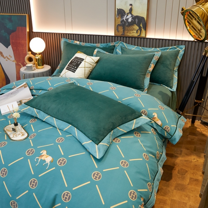 91家纺网 家纺一手货源 找家纺 杜先生2021新款230克牛奶绒拼角被边款四件套轻奢生活-绿