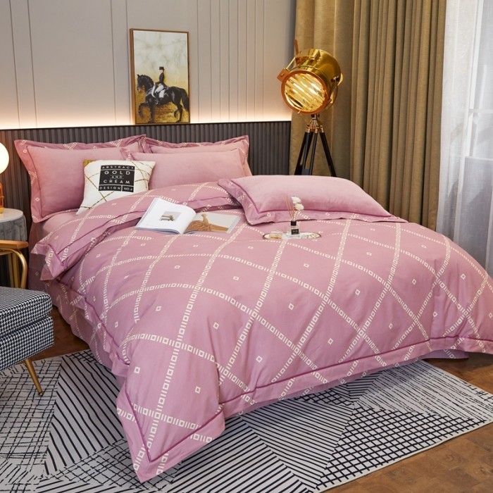 91家纺网 家纺一手货源 找家纺 杜先生 2021新款230克牛奶绒拼角被边款四件套 约克-粉