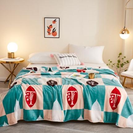 91家纺网 家纺一手货源 找家纺 坦客毯业2025新款印花法莱绒毛毯沙发盖毯午睡毯子字母叶-绿