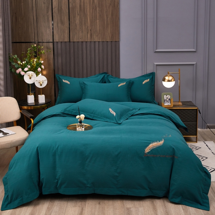 91家纺网 家纺一手货源 找家纺 芊寻 2024新款60支全棉磨毛绣花四件套 羽墨 墨绿