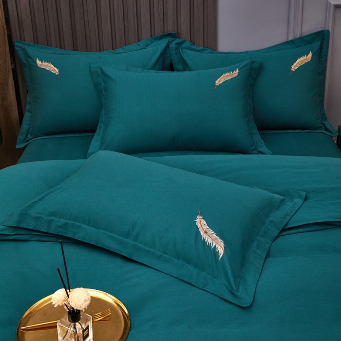 91家纺网 家纺一手货源 找家纺 芊寻 2024新款60支全棉磨毛绣花四件套 羽墨 墨绿