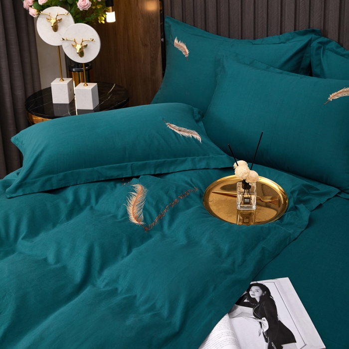 91家纺网 家纺一手货源 找家纺 芊寻 2024新款60支全棉磨毛绣花四件套 羽墨 墨绿