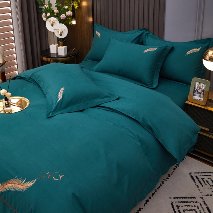 91家纺网 家纺一手货源 找家纺 芊寻 2024新款60支全棉磨毛绣花四件套 羽墨 墨绿