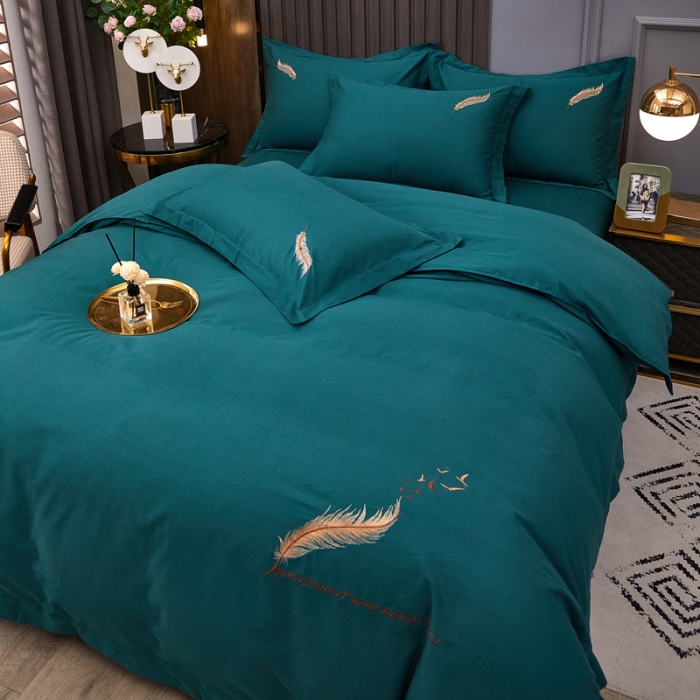 91家纺网 家纺一手货源 找家纺 芊寻 2024新款60支全棉磨毛绣花四件套 羽墨 墨绿