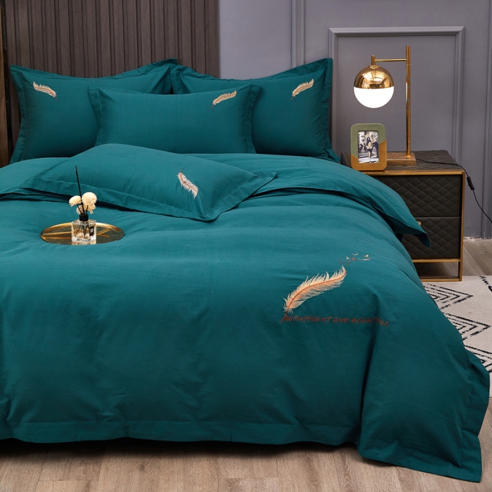 91家纺网 家纺一手货源 找家纺 芊寻 2024新款60支全棉磨毛绣花四件套 羽墨 墨绿