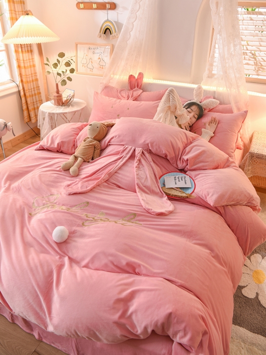 91家纺网 家纺一手货源 找家纺 欧冠 2021新款水晶绒绣花兔耳四件套-萌兔 萌兔粉色