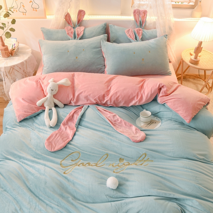 91家纺网 家纺一手货源 找家纺 欧冠 2021新款水晶绒绣花兔耳四件套-萌兔 萌兔蓝玉