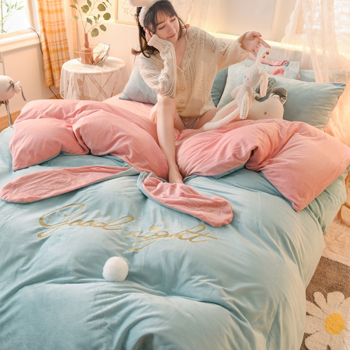 91家纺网 家纺一手货源 找家纺 欧冠 2021新款水晶绒绣花兔耳四件套-萌兔 萌兔蓝玉