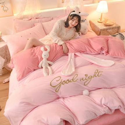 欧冠 2021新款水晶绒绣花兔耳四件套-萌兔 萌兔粉玉