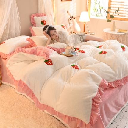 91家纺网 家纺一手货源 找家纺 欧冠 2021新款INS韩式公主兔兔绒四件套 草莓