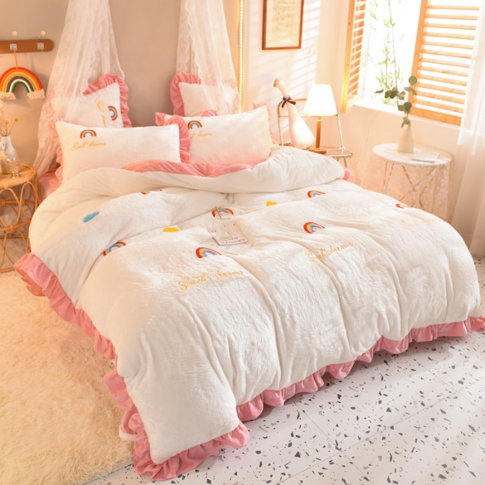 91家纺网 家纺一手货源 找家纺 欧冠 2021新款INS韩式公主兔兔绒四件套 彩虹