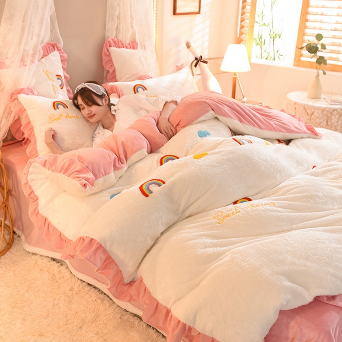 91家纺网 家纺一手货源 找家纺 欧冠 2021新款INS韩式公主兔兔绒四件套 彩虹