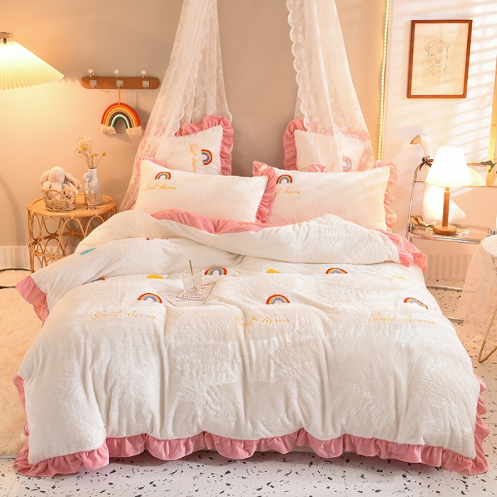 91家纺网 家纺一手货源 找家纺 欧冠 2021新款INS韩式公主兔兔绒四件套 彩虹