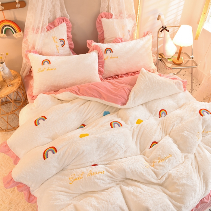 91家纺网 家纺一手货源 找家纺 欧冠 2021新款INS韩式公主兔兔绒四件套 彩虹