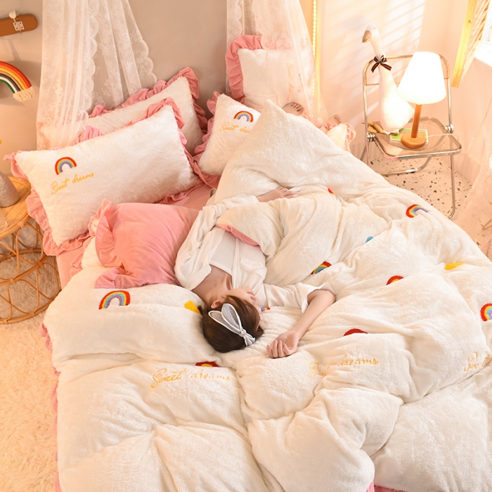 91家纺网 家纺一手货源 找家纺 欧冠 2021新款INS韩式公主兔兔绒四件套 彩虹