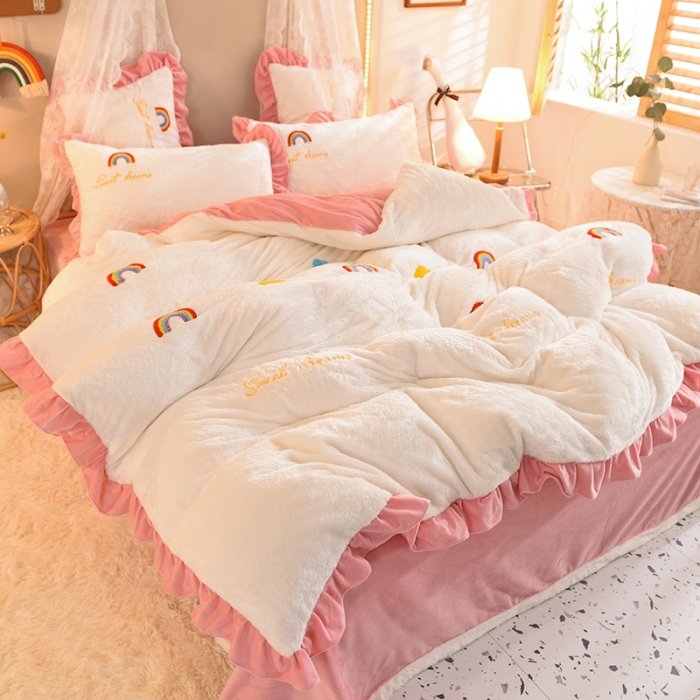 91家纺网 家纺一手货源 找家纺 欧冠 2021新款INS韩式公主兔兔绒四件套 彩虹