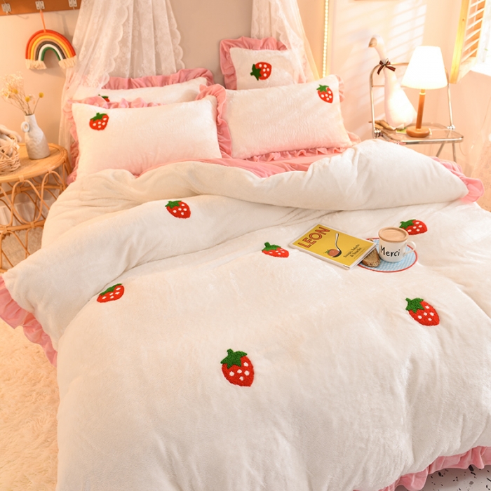 91家纺网 家纺一手货源 找家纺 欧冠 2021新款INS韩式公主兔兔绒四件套 草莓