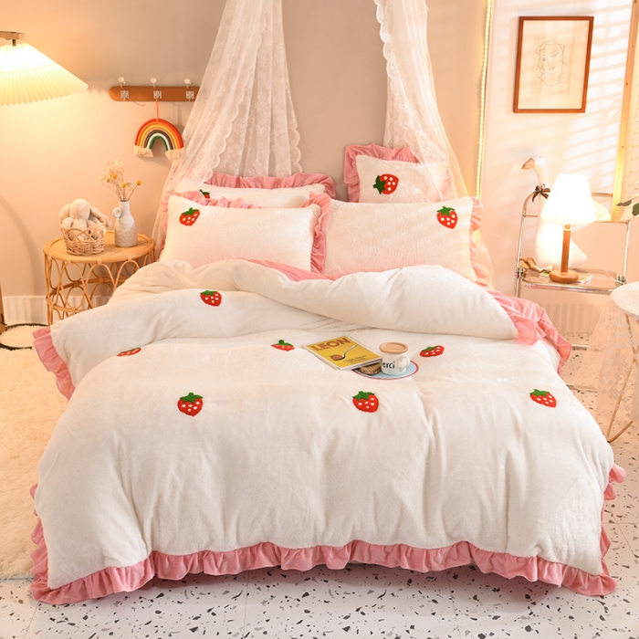 91家纺网 家纺一手货源 找家纺 欧冠 2021新款INS韩式公主兔兔绒四件套 草莓