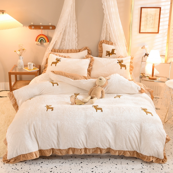 91家纺网 家纺一手货源 找家纺 欧冠 2021新款INS韩式公主兔兔绒四件套 萌鹿