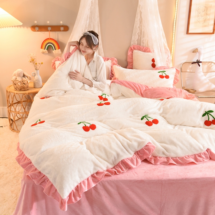 91家纺网 家纺一手货源 找家纺 欧冠 2021新款INS韩式公主兔兔绒四件套 樱桃