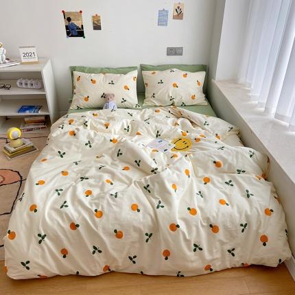 91家纺网 家纺一手货源 找家纺 尺素 纯棉ins印花水洗棉卡通可爱全棉被套纯色床单四件套 可爱桔子
