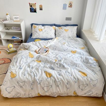 91家纺网 家纺一手货源 找家纺 尺素 纯棉ins印花水洗棉卡通可爱全棉被套纯色床单四件套 可爱小鸡白