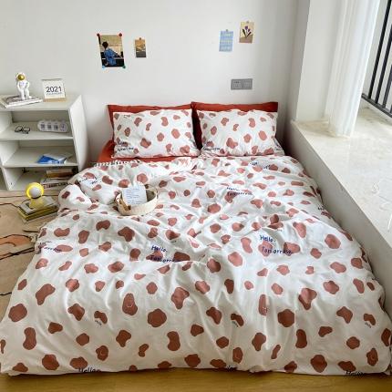 91家纺网 家纺一手货源 找家纺 尺素 纯棉ins印花水洗棉卡通可爱全棉被套纯色床单四件套 牛奶咖