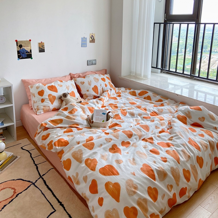 91家纺网 家纺一手货源 找家纺 （总）尺素纯棉ins印花水洗棉卡通可爱全棉被套纯色床单四件套