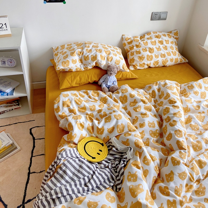 91家纺网 家纺一手货源 找家纺 尺素 纯棉ins印花水洗棉卡通可爱全棉被套纯色床单四件套 小猫咪