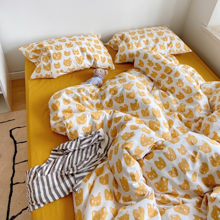 91家纺网 家纺一手货源 找家纺 尺素 纯棉ins印花水洗棉卡通可爱全棉被套纯色床单四件套 小猫咪