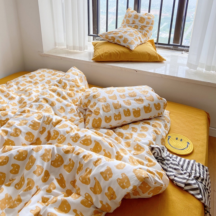 91家纺网 家纺一手货源 找家纺 尺素 纯棉ins印花水洗棉卡通可爱全棉被套纯色床单四件套 小猫咪