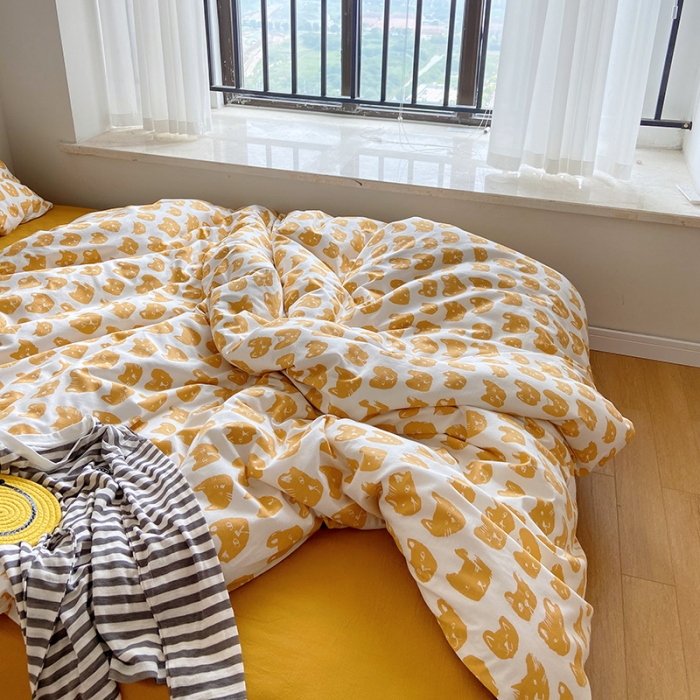 91家纺网 家纺一手货源 找家纺 尺素 纯棉ins印花水洗棉卡通可爱全棉被套纯色床单四件套 小猫咪