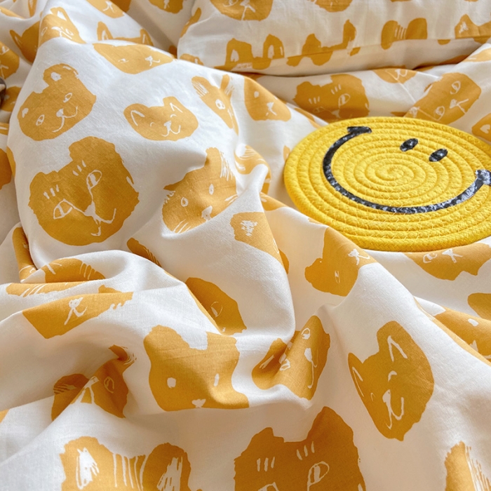 91家纺网 家纺一手货源 找家纺 尺素 纯棉ins印花水洗棉卡通可爱全棉被套纯色床单四件套 小猫咪