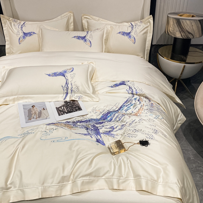 91家纺网 家纺一手货源 找家纺 品家居 2021新款180支长绒棉四件套-鲸鱼 鲸鱼-白
