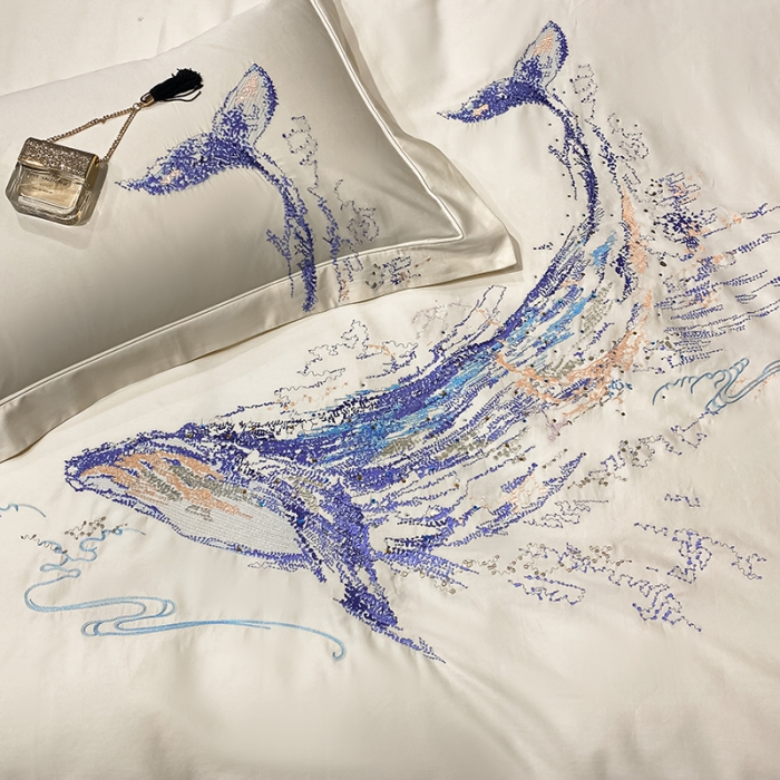 91家纺网 家纺一手货源 找家纺 品家居 2021新款180支长绒棉四件套-鲸鱼 鲸鱼-白