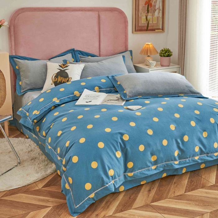 91家纺网 家纺一手货源 找家纺 杜先生 2021新款拼角被边款澳绒牛奶绒四件套 波点时尚-蓝