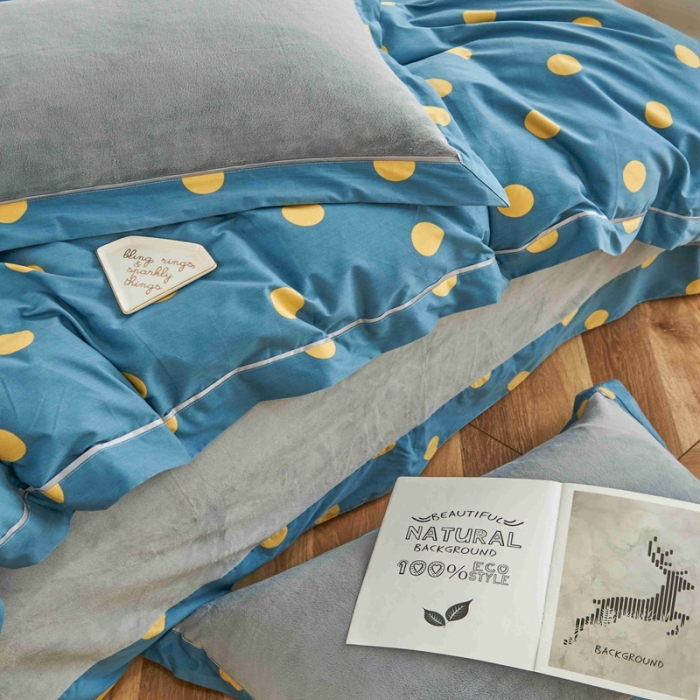 91家纺网 家纺一手货源 找家纺 杜先生 2021新款拼角被边款澳绒牛奶绒四件套 波点时尚-蓝