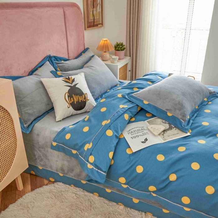 91家纺网 家纺一手货源 找家纺 杜先生 2021新款拼角被边款澳绒牛奶绒四件套 波点时尚-蓝